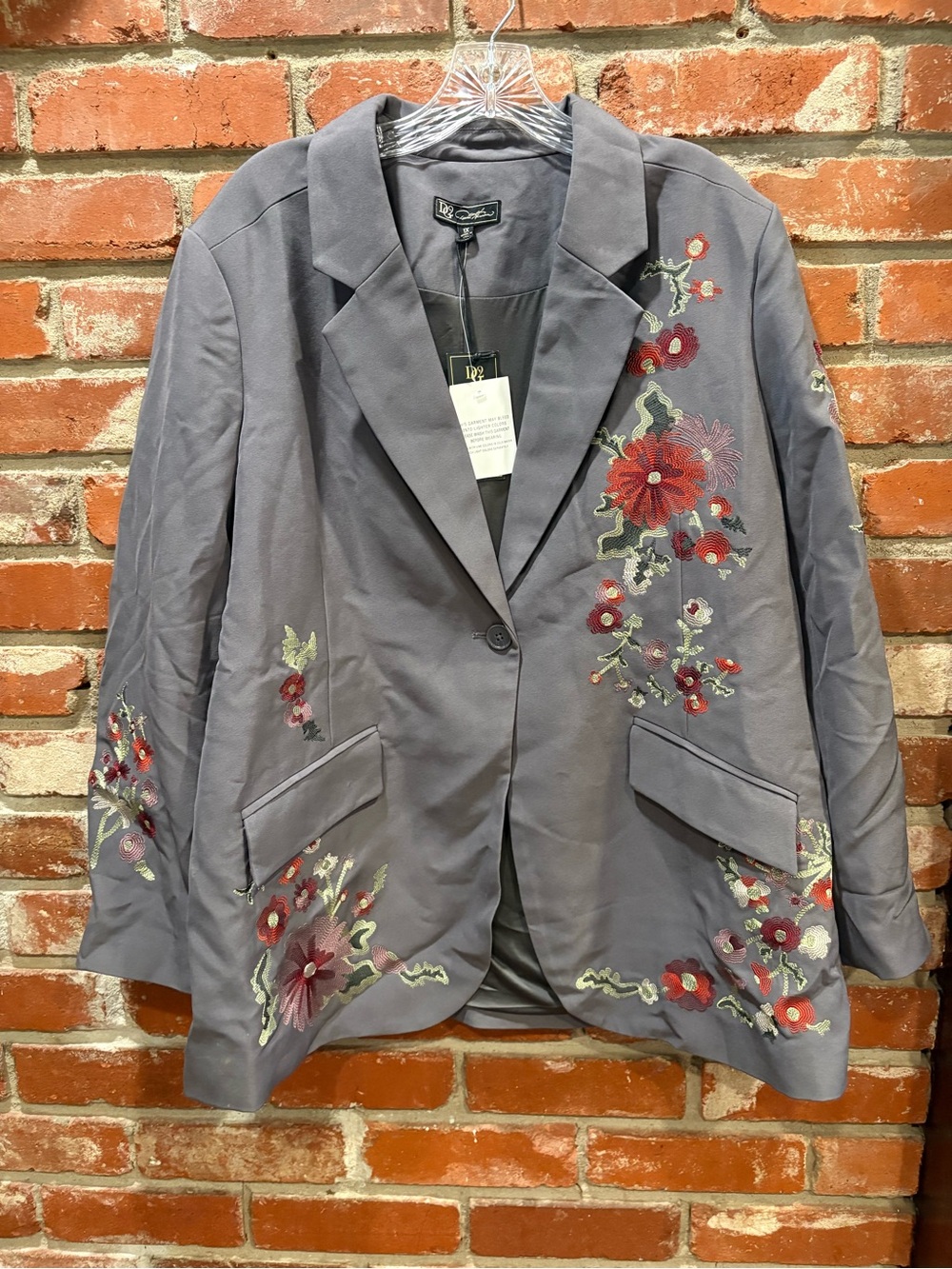 NWT DG2 Diane Gilman Grey Floral Embroidered Stretch Single Button Blazer 1X